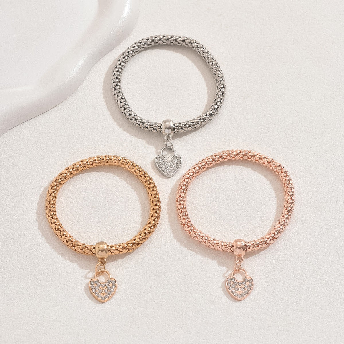 3pc Pave Heart Stretch Bracelet Set