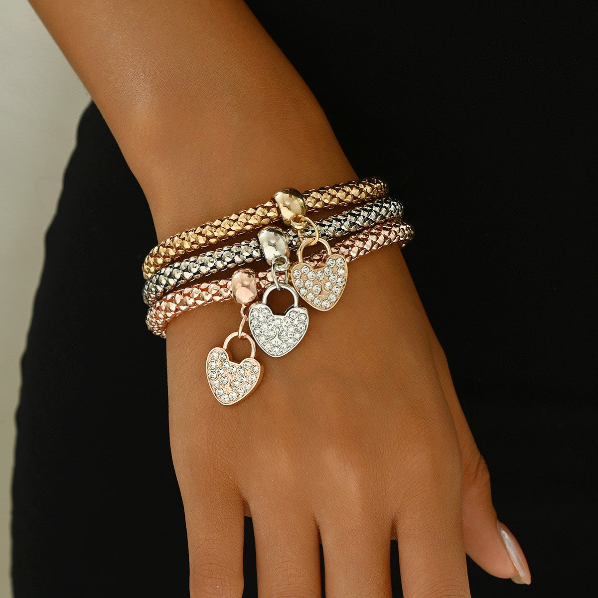3pc Pave Heart Stretch Bracelet Set