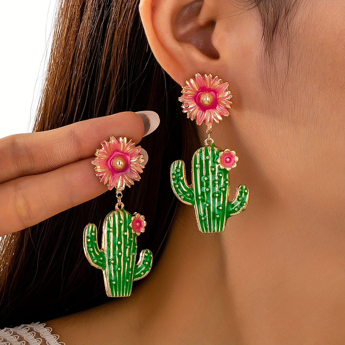 Whimsical Cactus Flower Drop Earrings