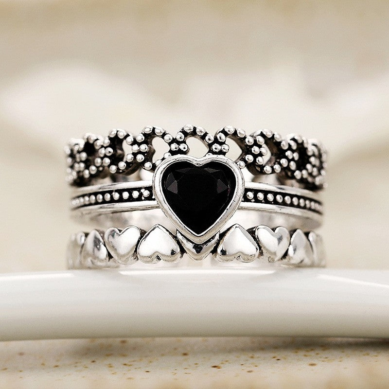 Vintage Black Heart Stackable Ring Set