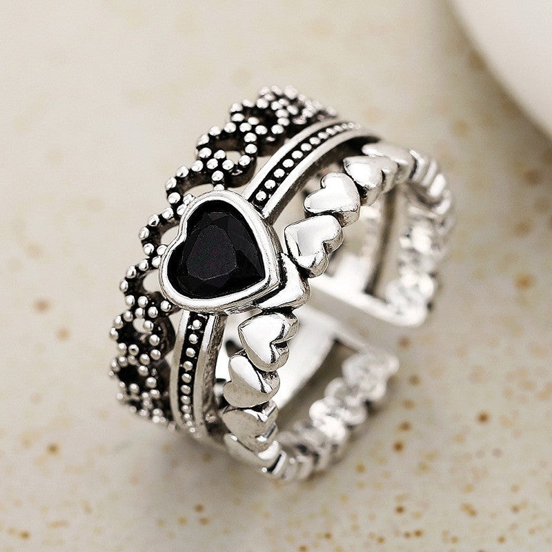Vintage Black Heart Stackable Ring Set