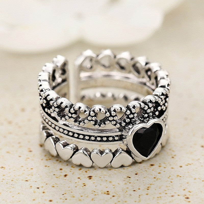Vintage Black Heart Stackable Ring Set