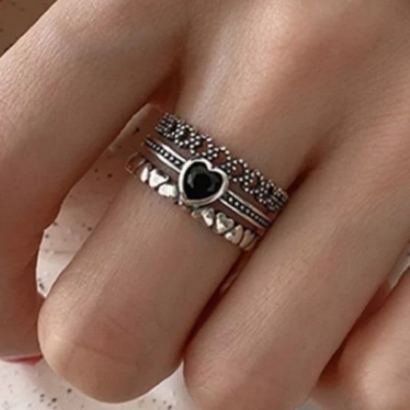 Vintage Black Heart Stackable Ring Set