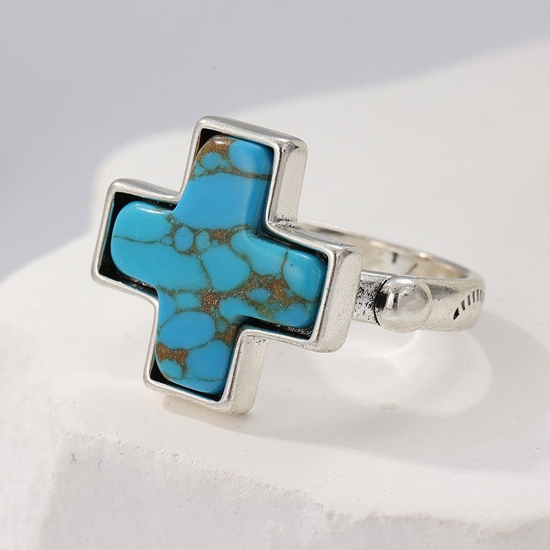 Boho Cross Turquoise Statement Ring