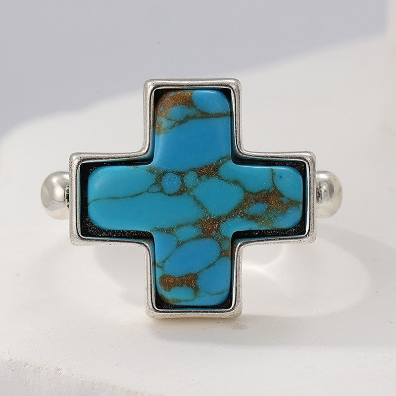 Boho Cross Turquoise Statement Ring