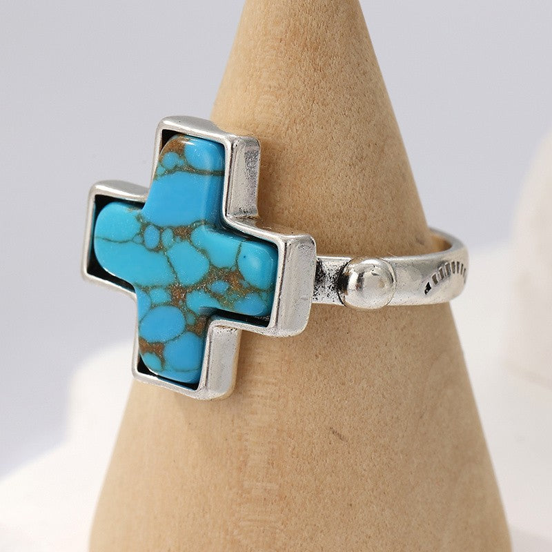 Boho Cross Turquoise Statement Ring