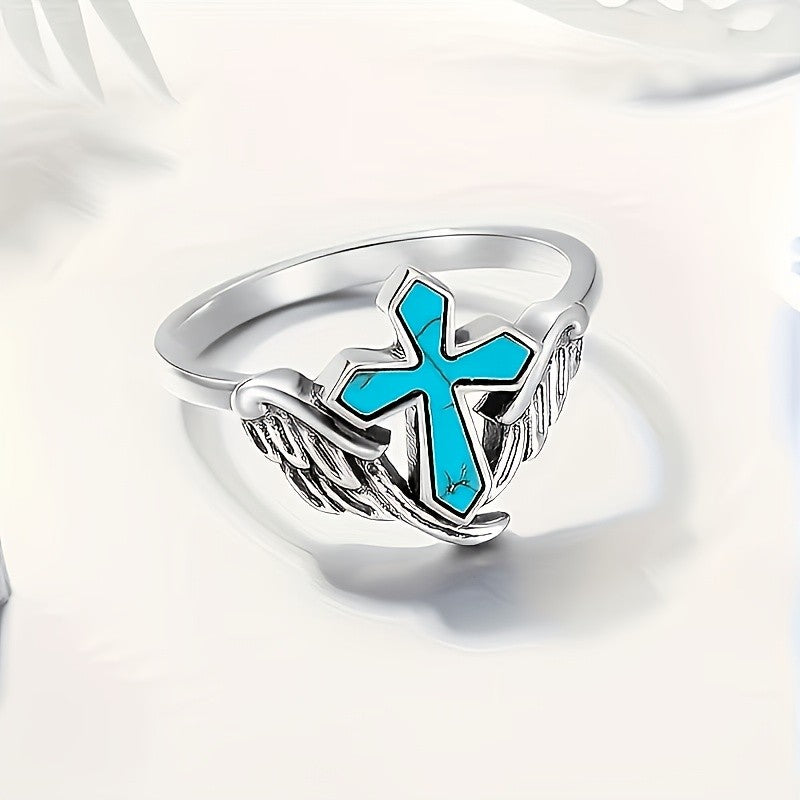 Boho Winged Cross Turquoise Ring