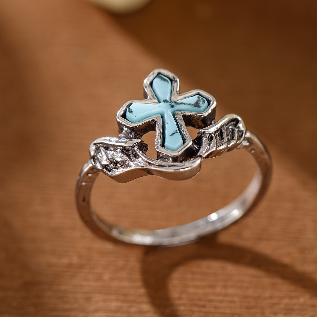 Boho Winged Cross Turquoise Ring