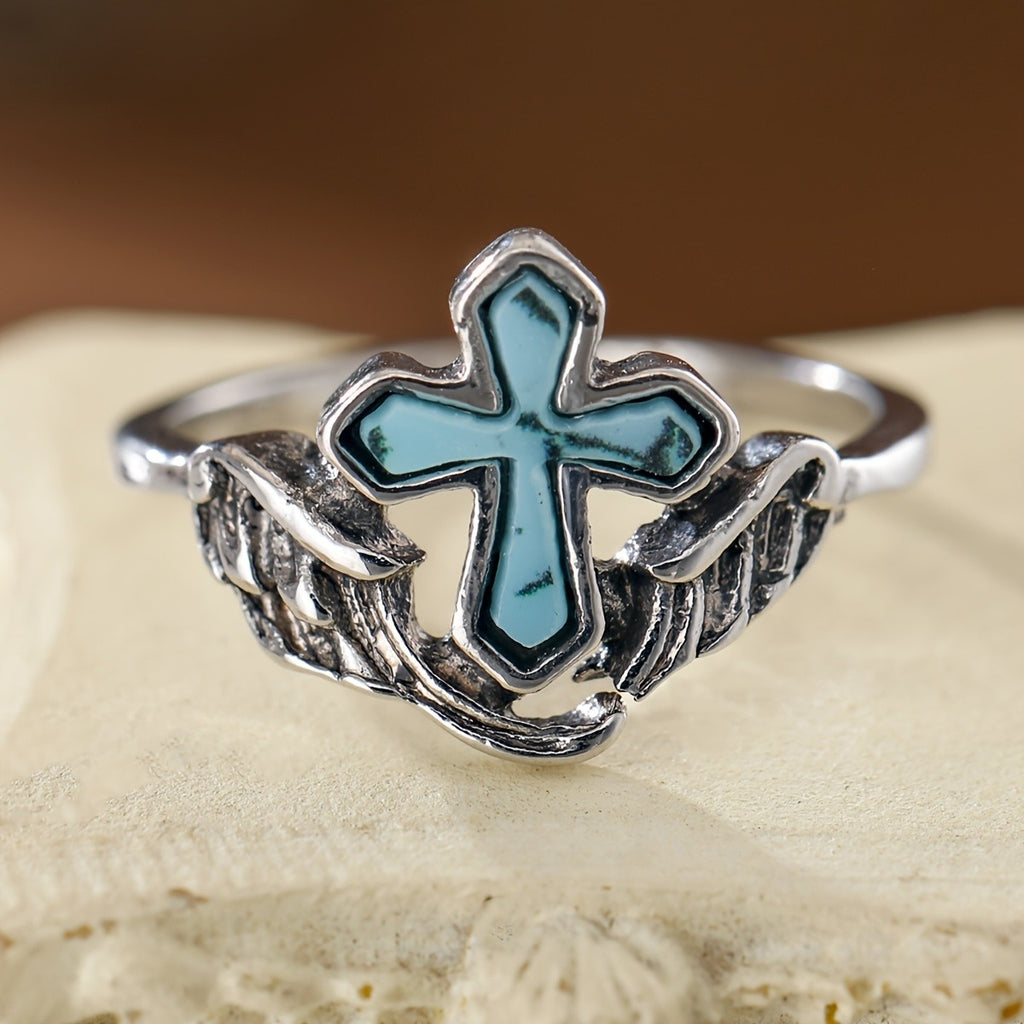 Boho Winged Cross Turquoise Ring
