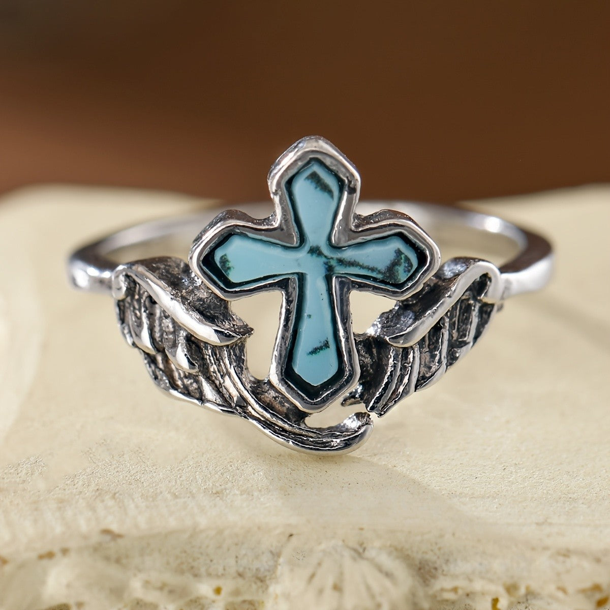 Boho Winged Cross Turquoise Ring