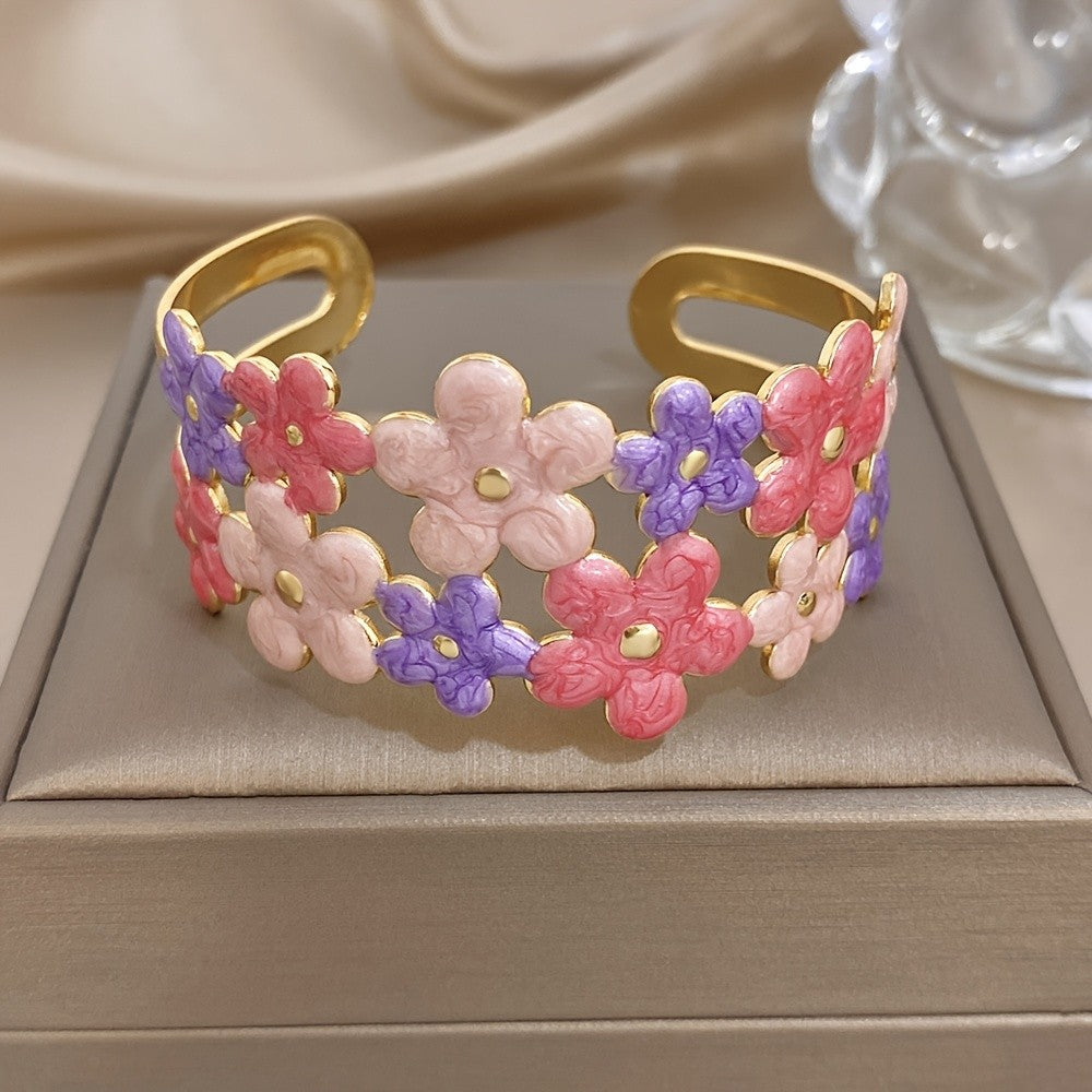 Whimsical Enamel Flower Cuff Bracelet