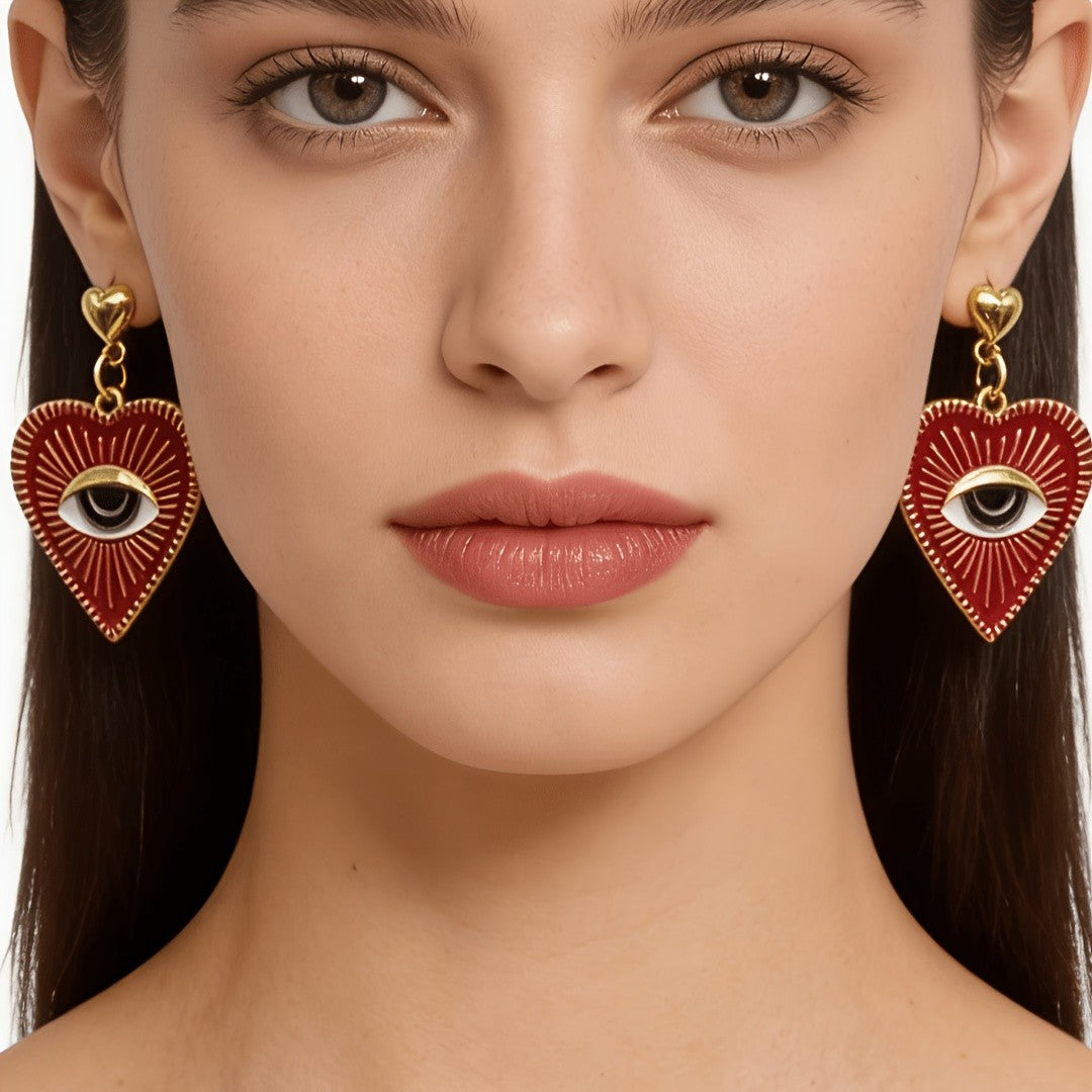 Red Enamel Heart Evil Eye Drop Earrings