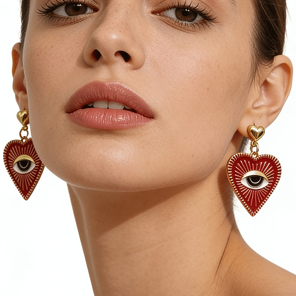 Red Enamel Heart Evil Eye Drop Earrings