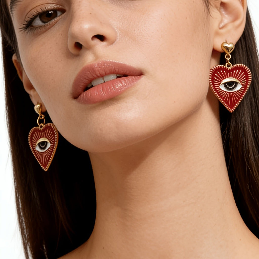 Red Enamel Heart Evil Eye Drop Earrings