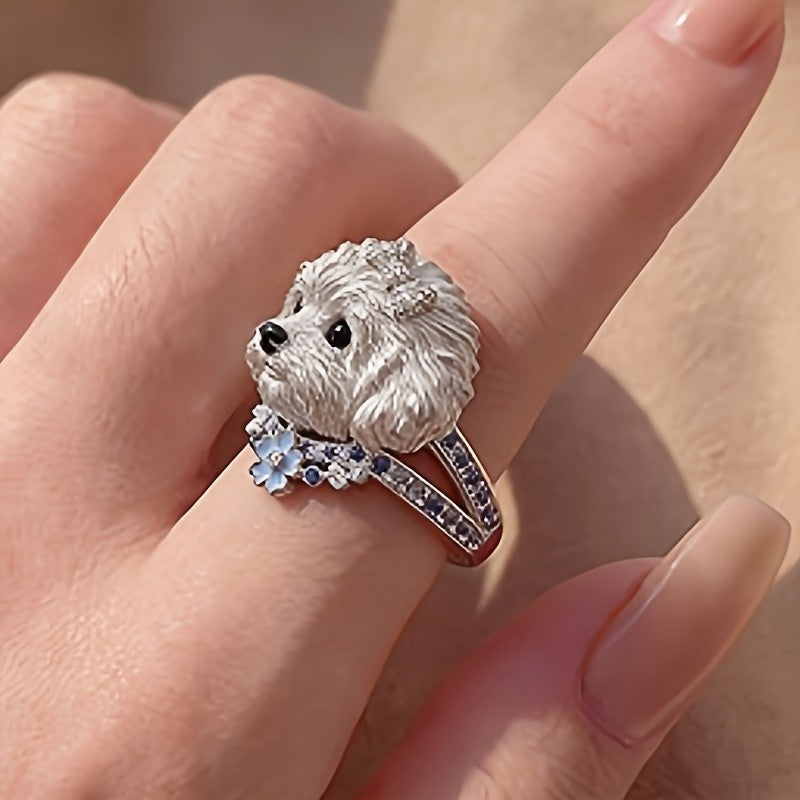 Cute Puppy Flower Statement Ring