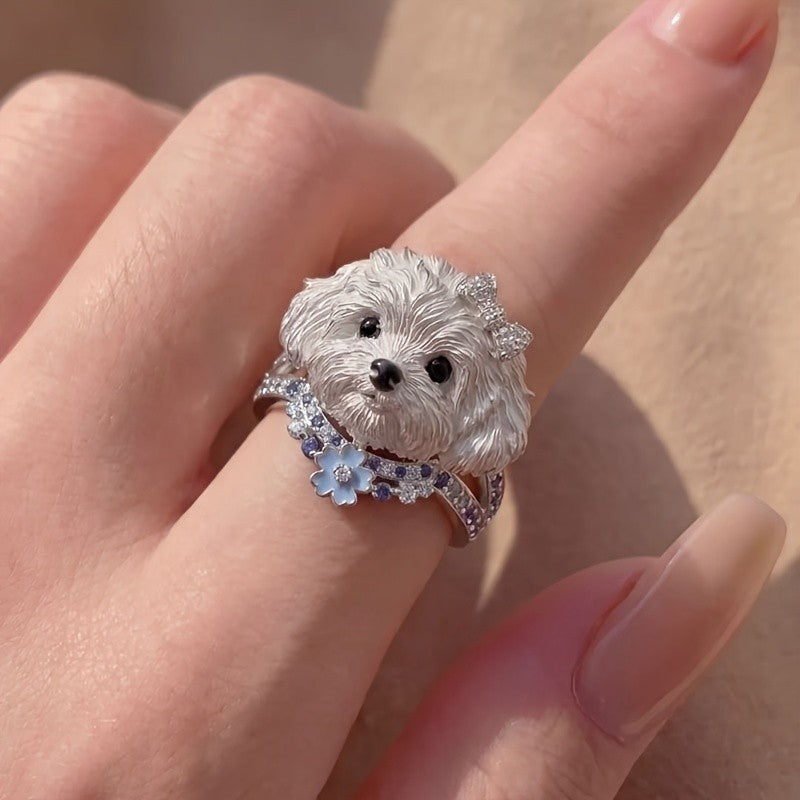 Cute Puppy Flower Statement Ring