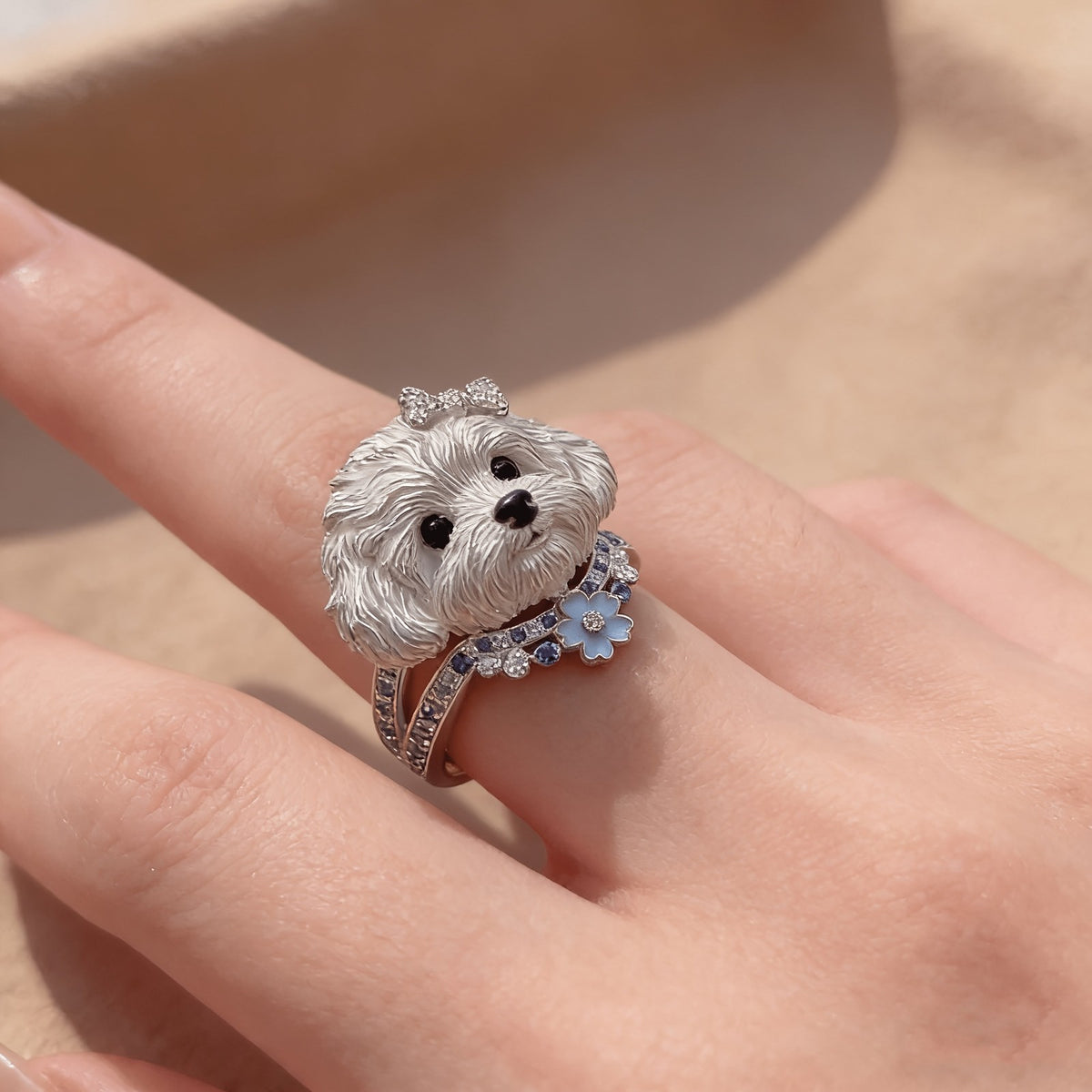 Cute Puppy Flower Statement Ring