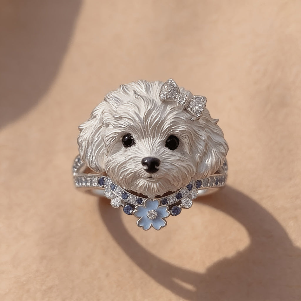 Cute Puppy Flower Statement Ring