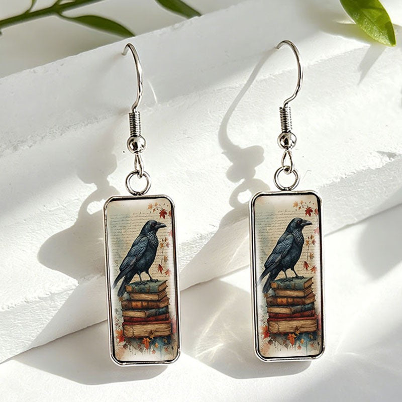 Literary Crow Rectangular Drop Earrings