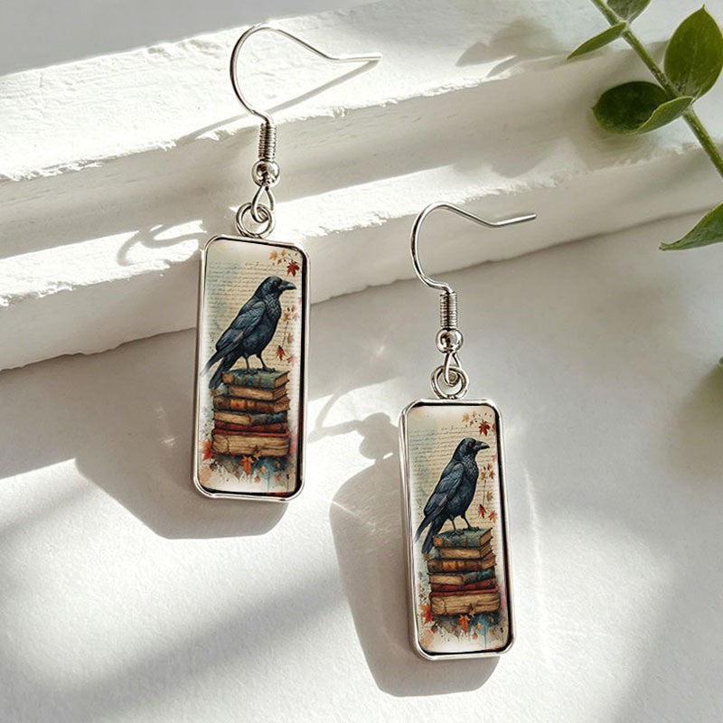 Literary Crow Rectangular Drop Earrings