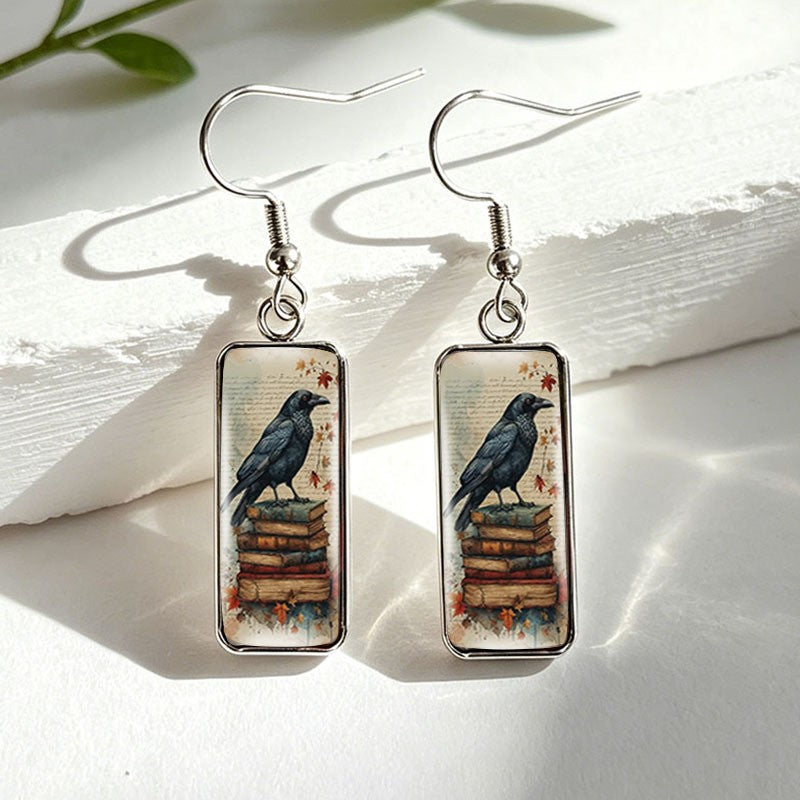 Literary Crow Rectangular Drop Earrings