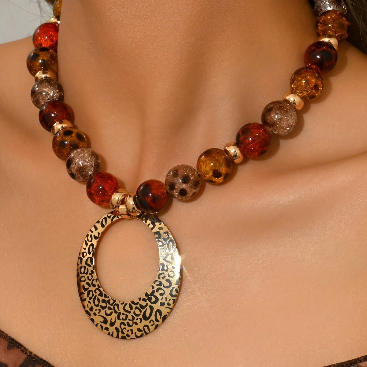 Leopard Print Oval Pendant Necklace