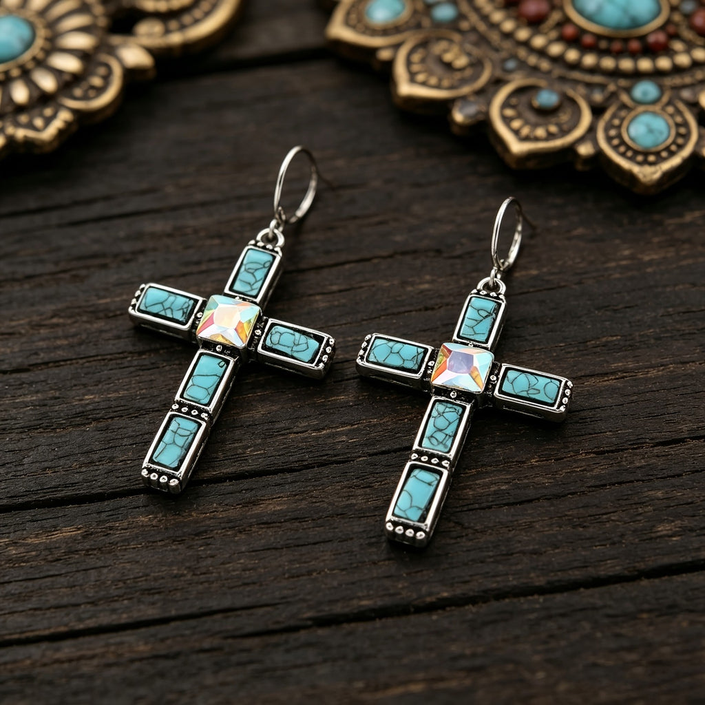 Boho Turquoise Cross Drop Earrings