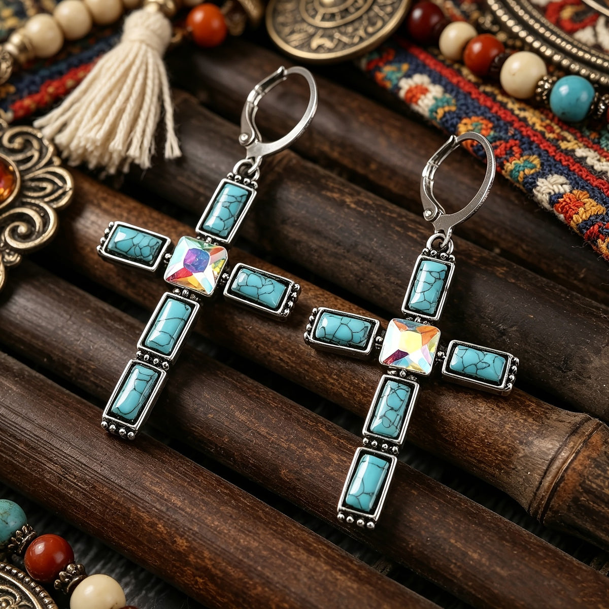 Boho Turquoise Cross Drop Earrings
