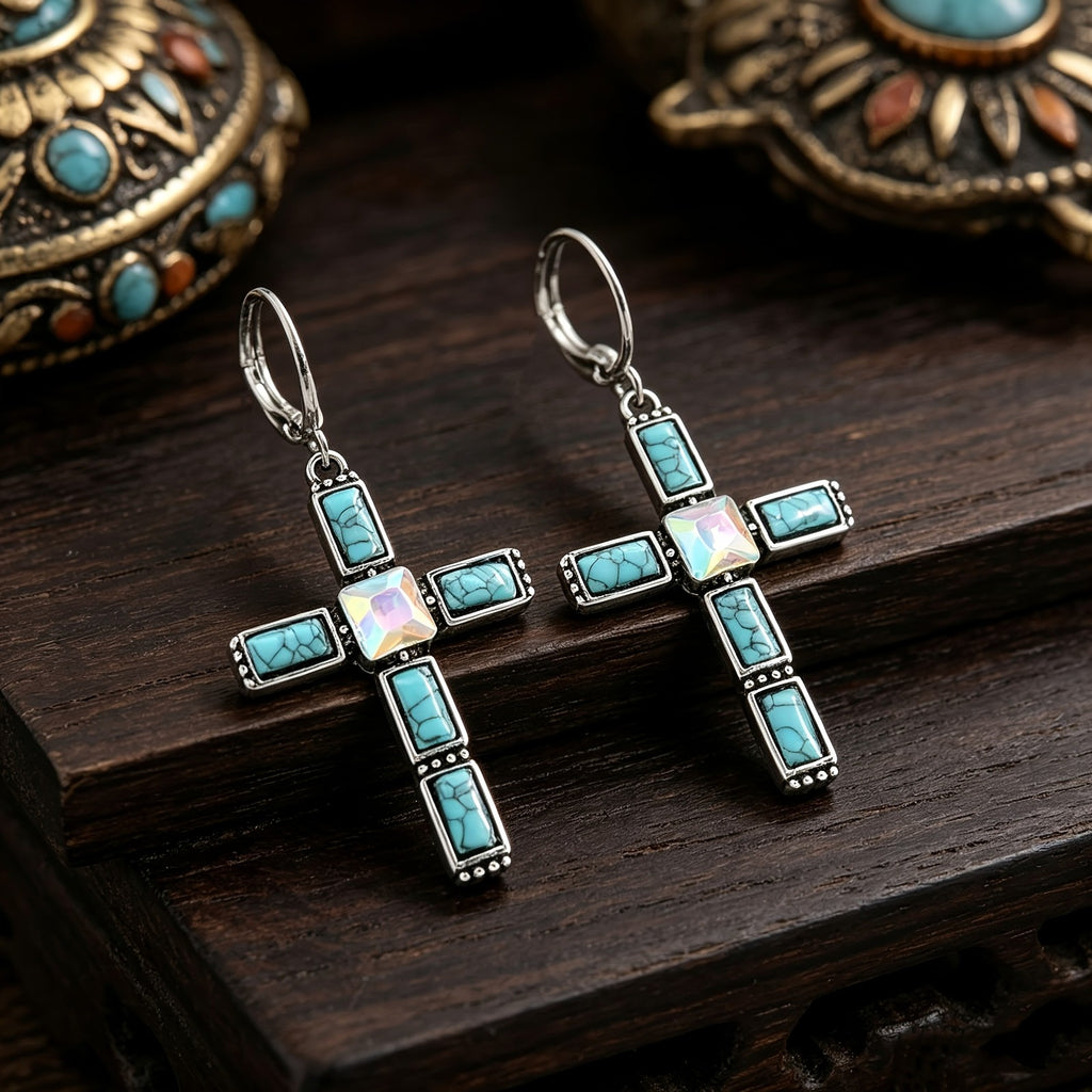 Boho Turquoise Cross Drop Earrings