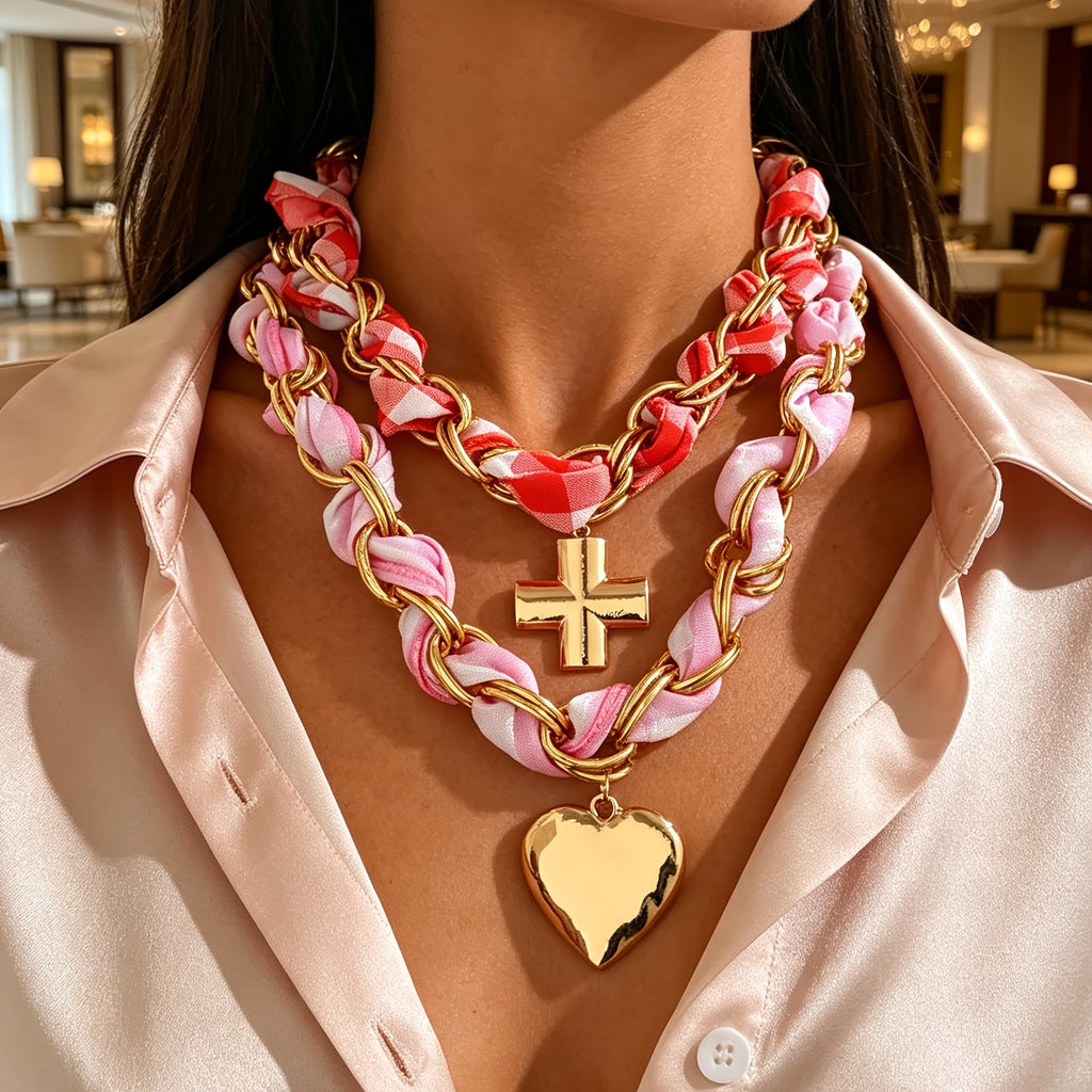 Chunky Scarf Wrapped Heart Cross Necklace