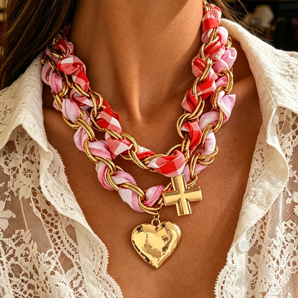 Chunky Scarf Wrapped Heart Cross Necklace