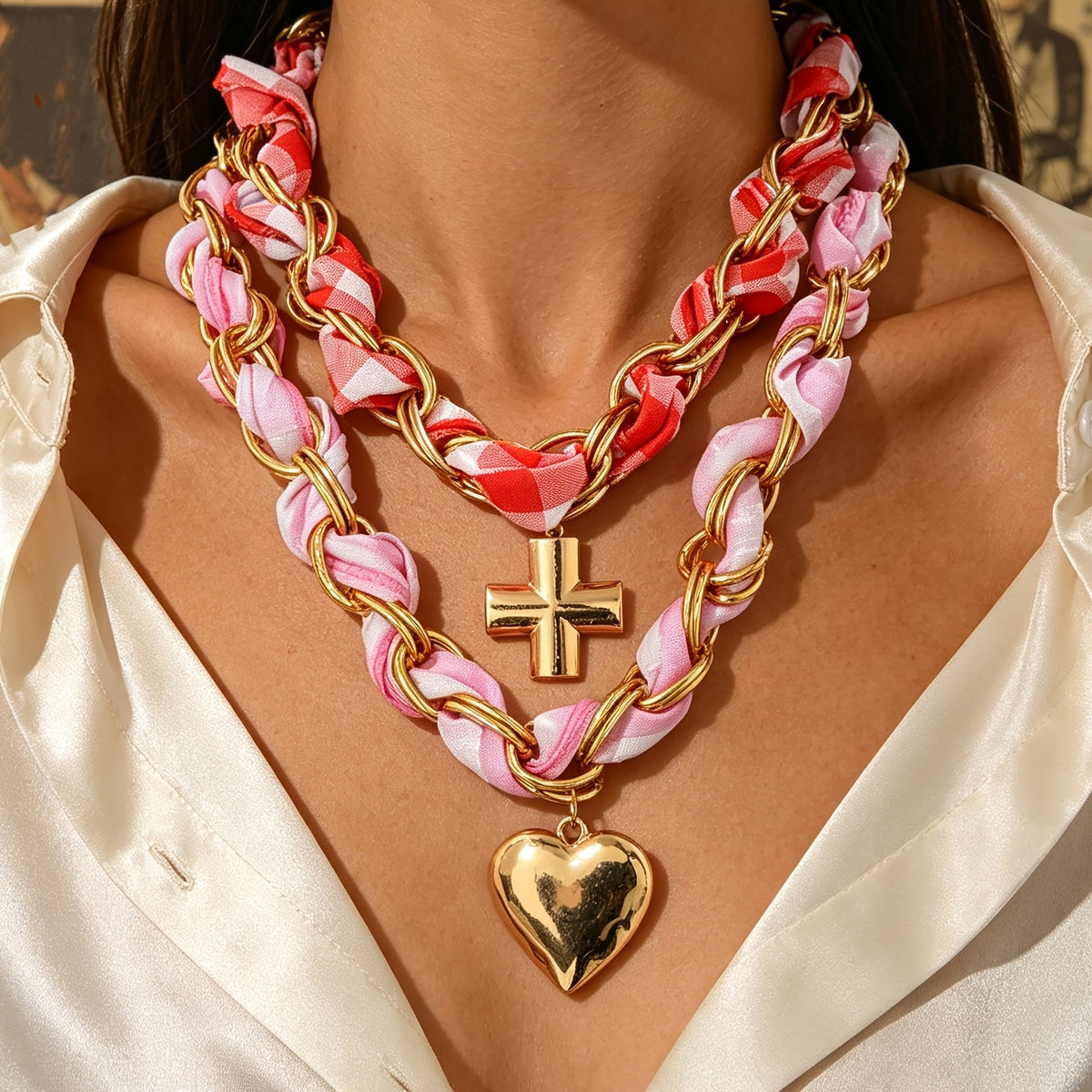 Chunky Scarf Wrapped Heart Cross Necklace