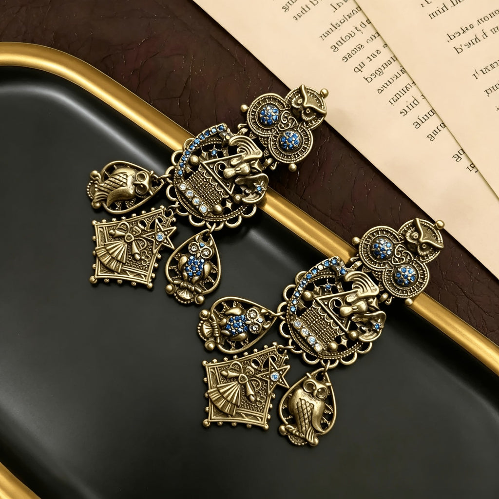 Ornate Owl Charm Drop Earrings