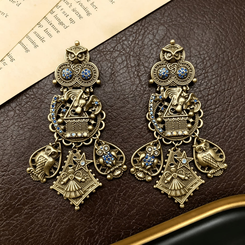 Ornate Owl Charm Drop Earrings