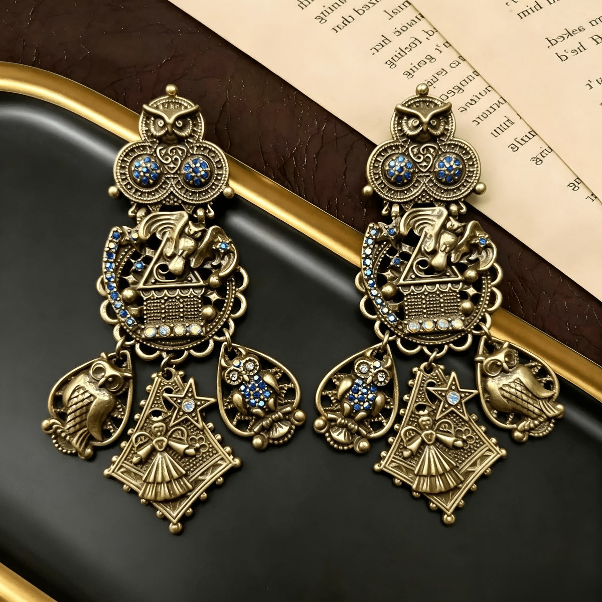 Ornate Owl Charm Drop Earrings