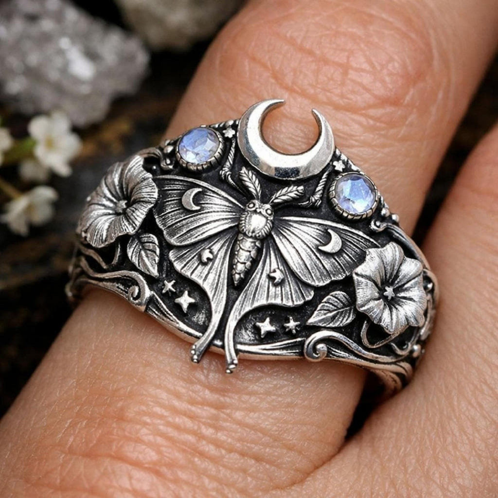 Whimsical Moth Moon Statement Ring
