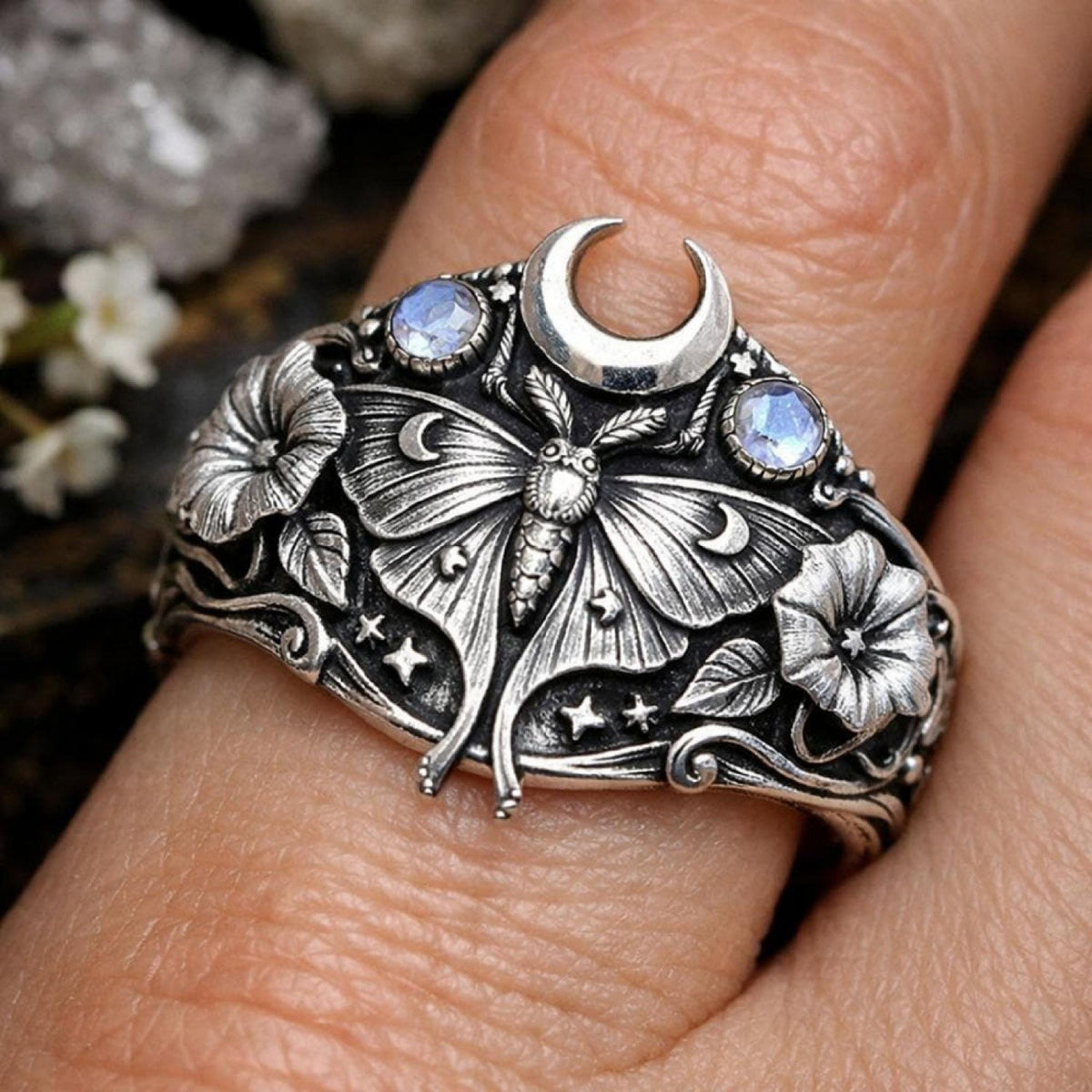 Whimsical Moth Moon Statement Ring