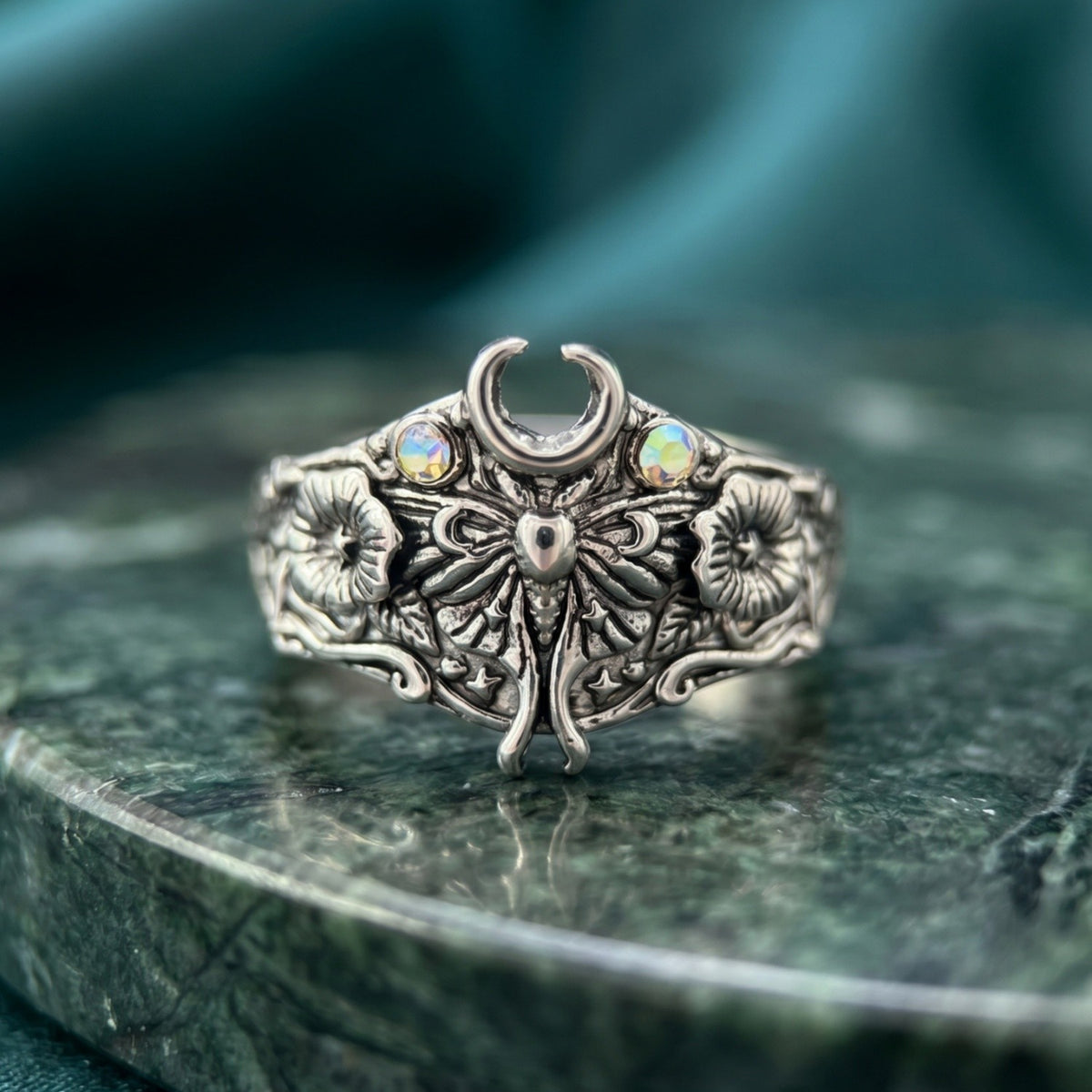 Whimsical Moth Moon Statement Ring