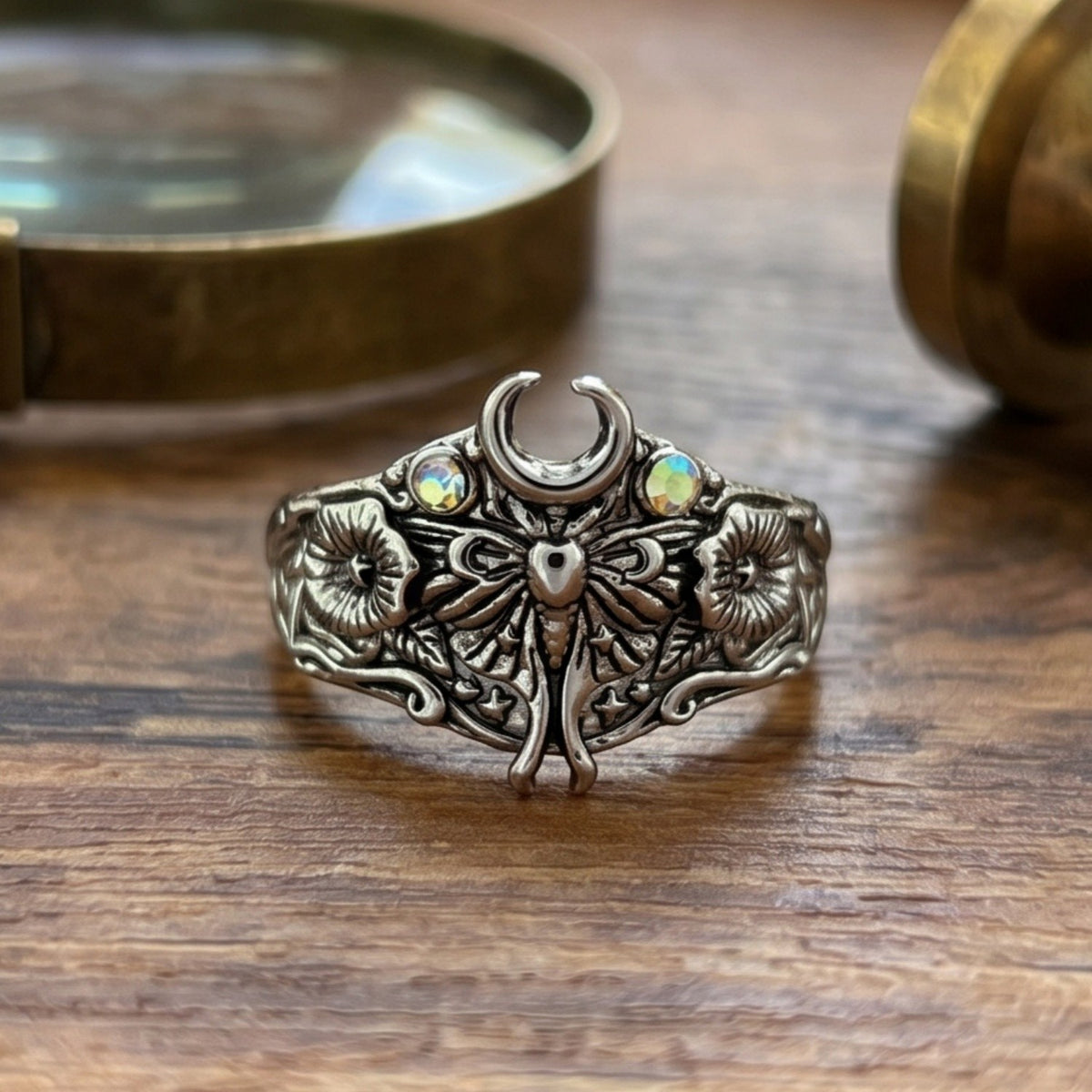 Whimsical Moth Moon Statement Ring