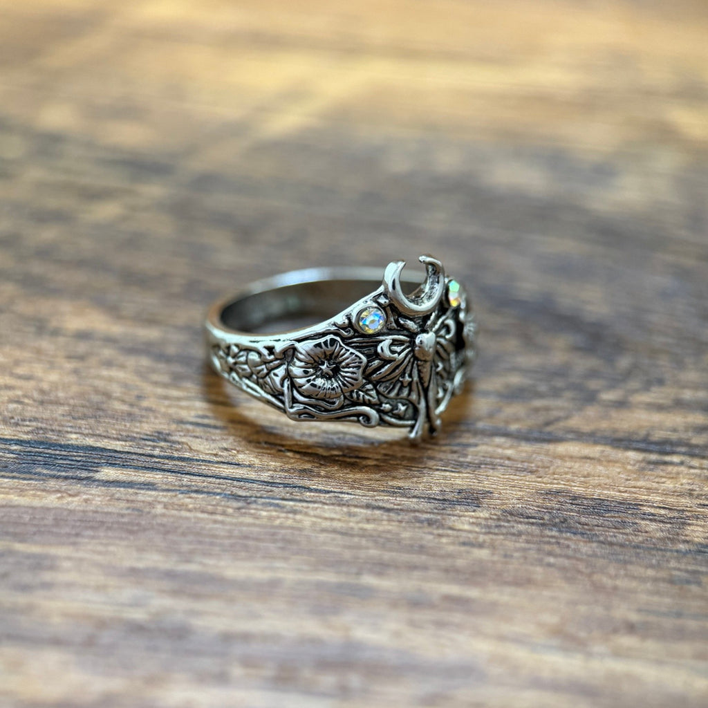 Whimsical Moth Moon Statement Ring