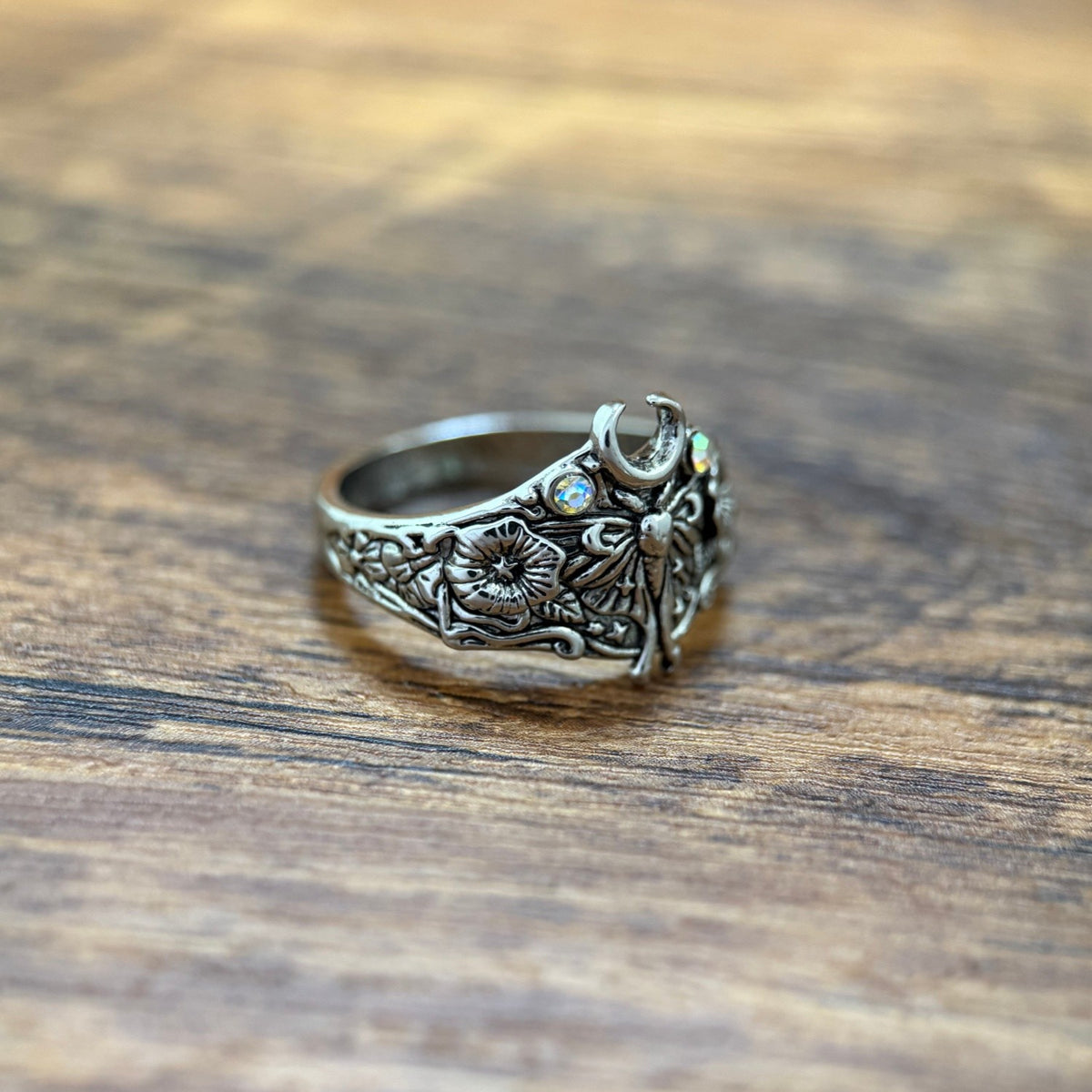 Whimsical Moth Moon Statement Ring