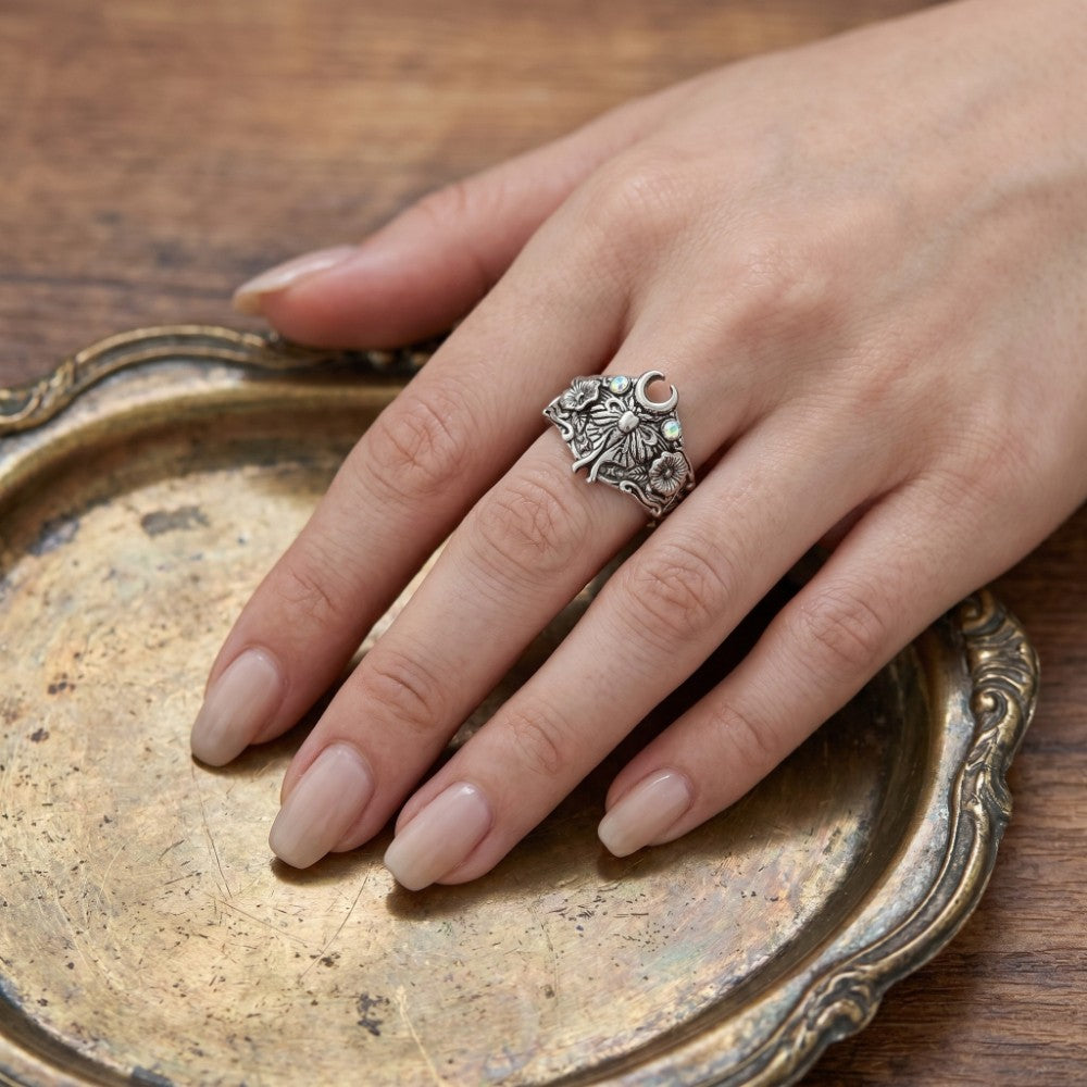 Whimsical Moth Moon Statement Ring