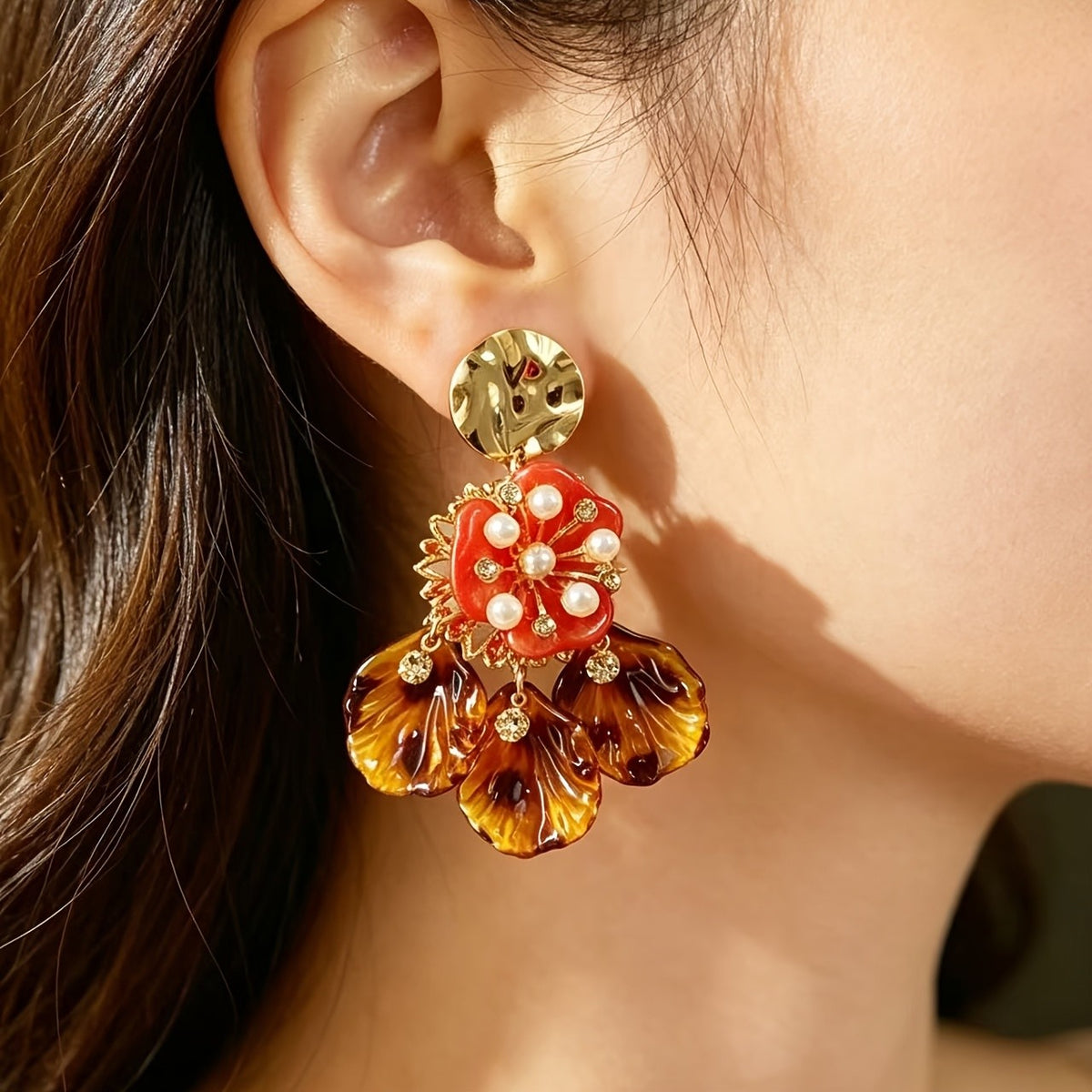 Amber Floral Pearl Drop Earrings