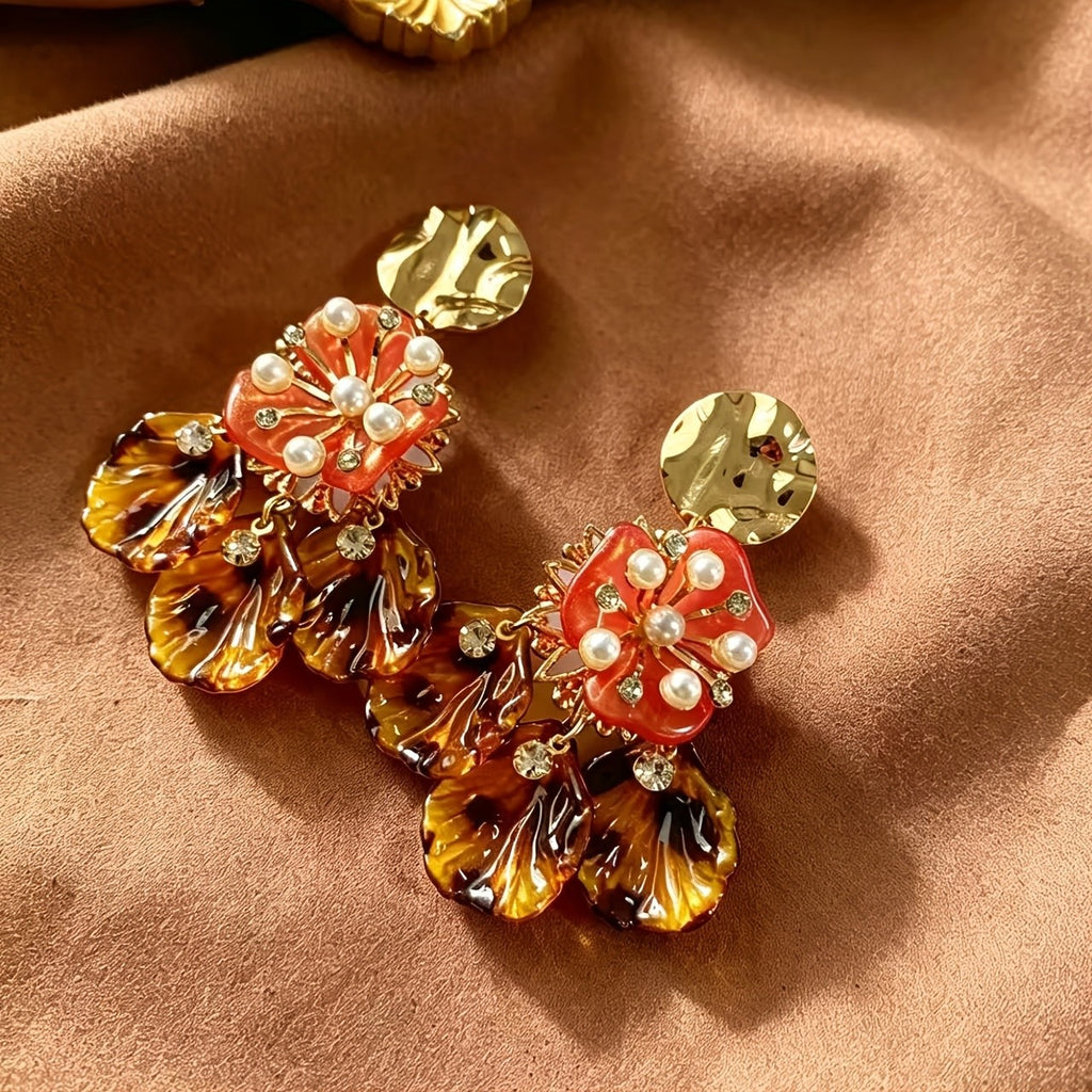 Amber Floral Pearl Drop Earrings