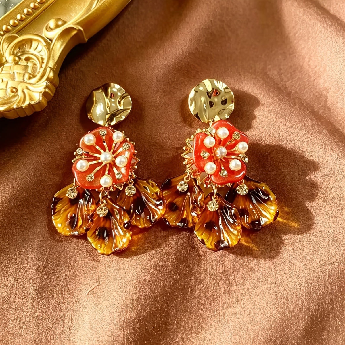 Amber Floral Pearl Drop Earrings