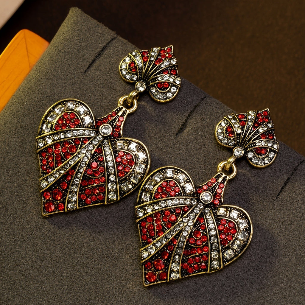 Red Crystal Heart Bow Drop Earrings