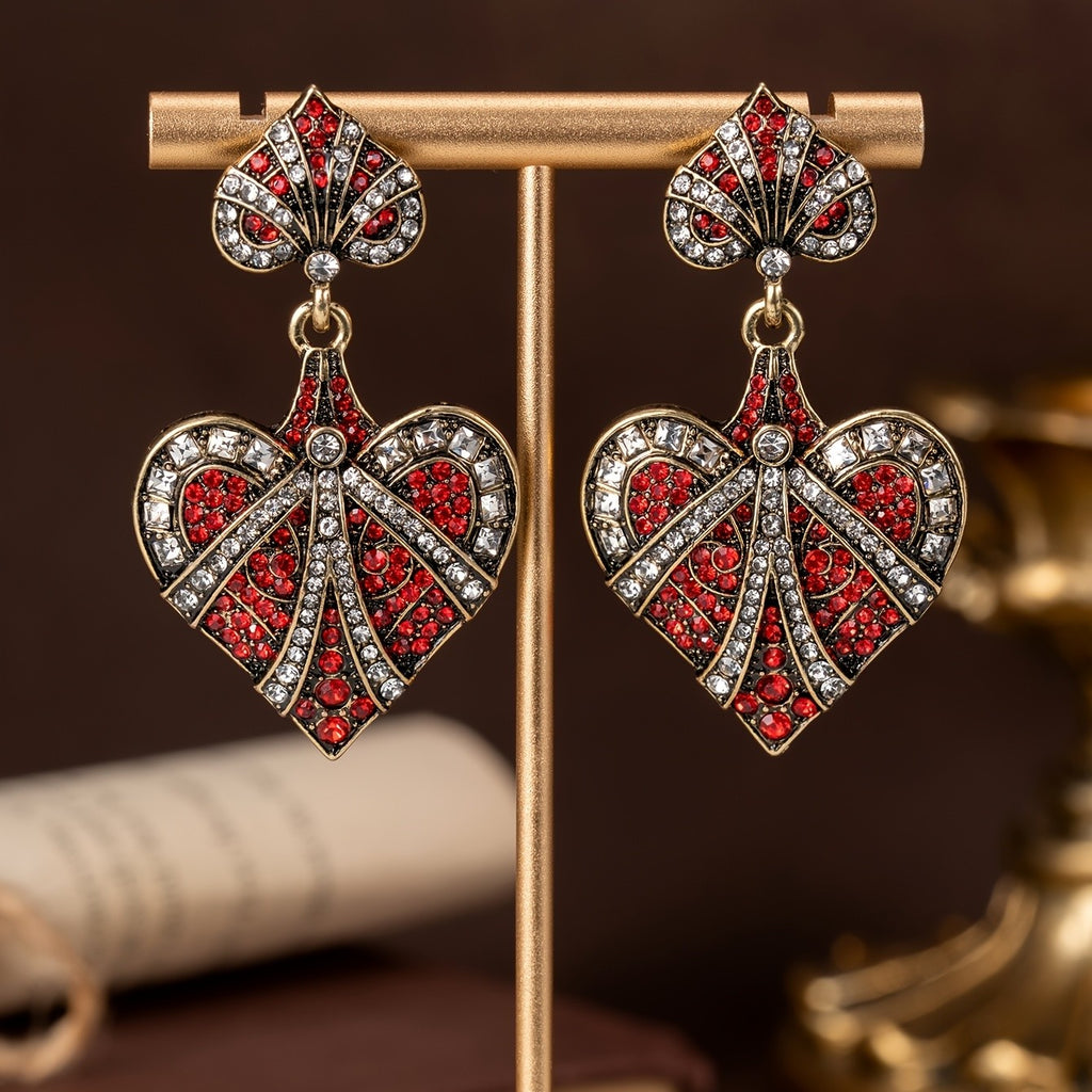 Red Crystal Heart Bow Drop Earrings