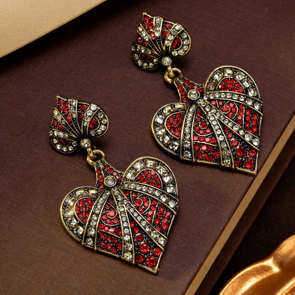 Red Crystal Heart Bow Drop Earrings