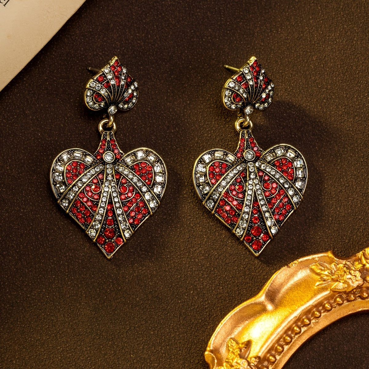 Red Crystal Heart Bow Drop Earrings