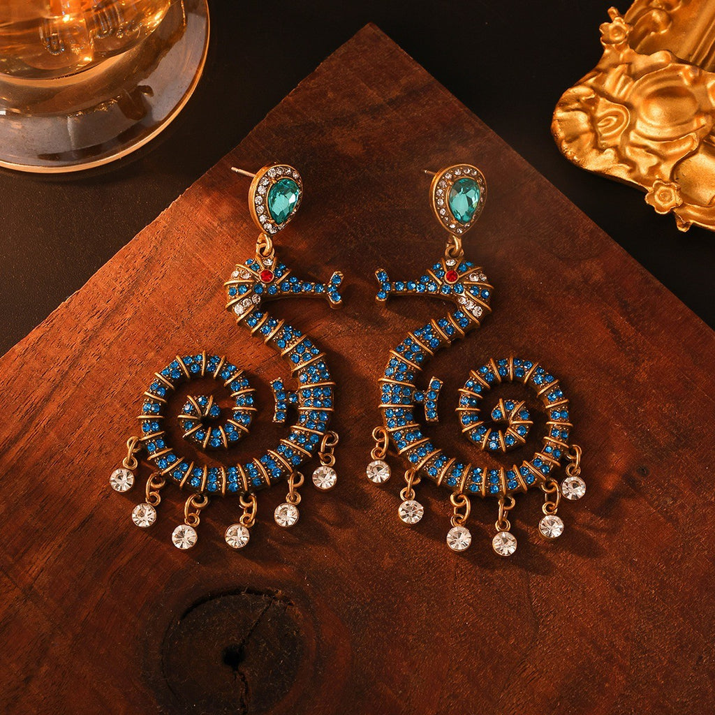 Teal Seahorse Crystal Drop Earrings